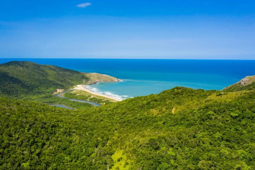 Vista aérea deslumbrante da Lagoinha do Norte em Florianópolis, Santa Catarina, mostrando a lagoa sinuosa, a faixa de areia da praia, o oceano azul e a vasta vegetação da Mata Atlântica circundante.