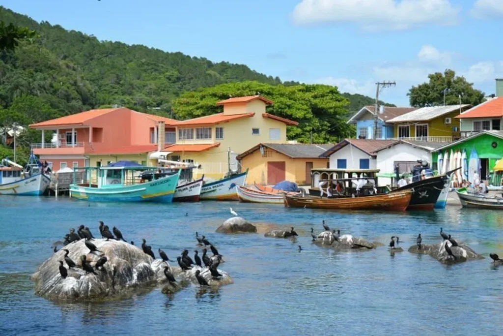 Vista da orla da Barra da Lagoa, em Florianópolis, com barcos de pesca ancorados, casinhas coloridas em primeiro plano e um morro verde ao fundo.