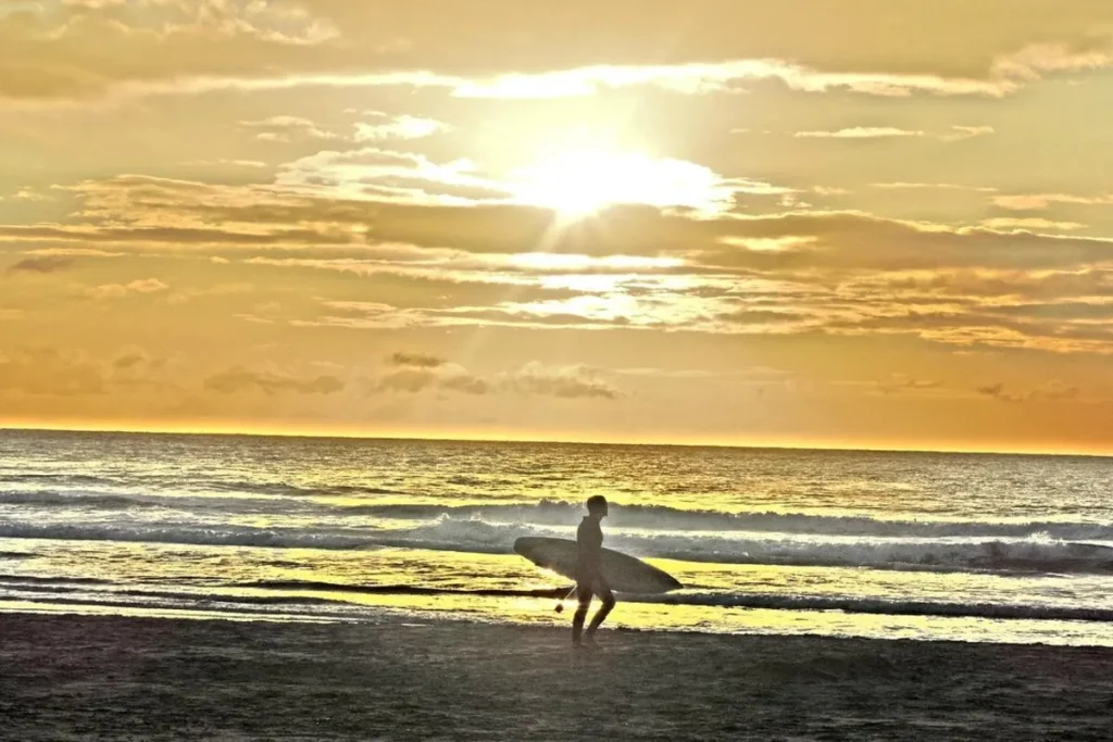 Surfista em silhueta, com prancha de surfe, caminhando na praia do Campeche ao pôr do sol.