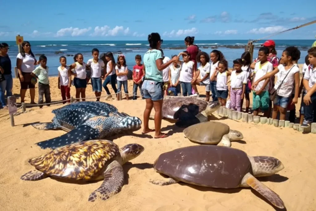 Grupo de crianças e adultos em uma praia recebendo uma palestra de uma monitora em frente a tartarugas marinhas em tamanho real (réplicas ou esculturas) no Projeto Tamar. O mar e a vegetação costeira são visíveis ao fundo, em um dia de sol forte, indicando uma atividade de educação ambiental.
