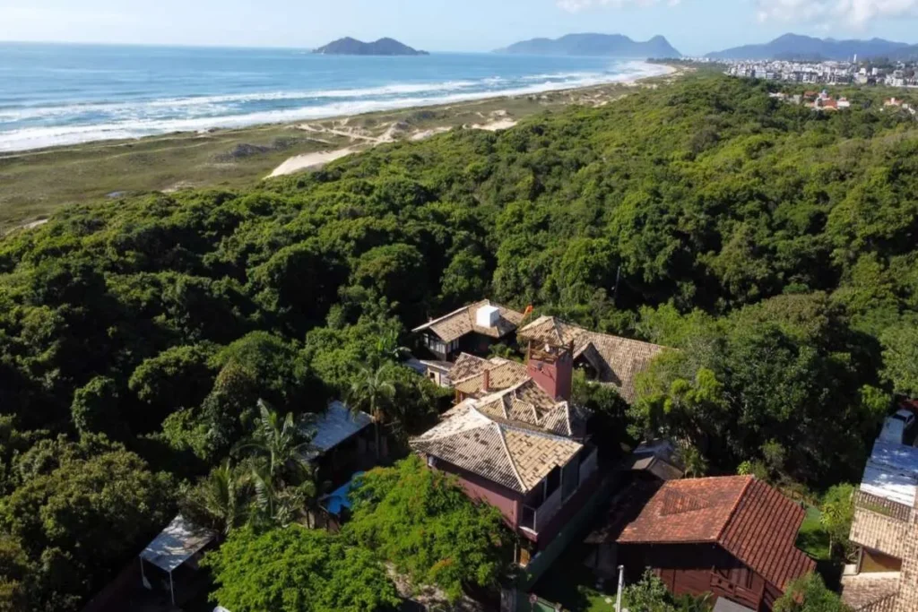 Vista aérea da praia e mata do Rio Tavares, com casas rústicas em meio à vegetação e o oceano ao fundo.
