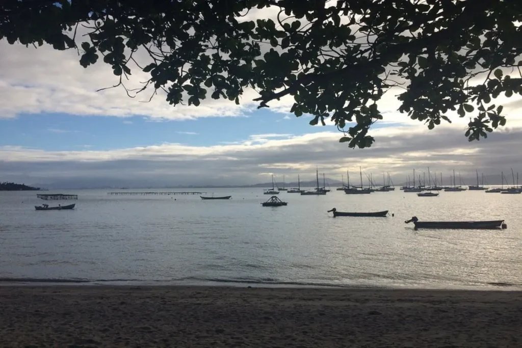 Vista da baía de Sambaqui com barcos ancorados e vegetação na costa, sob um céu nublado.