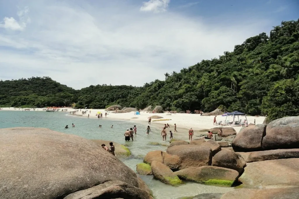 Vista aérea da praia do Campeche em Florianópolis, com a Ilha do Campeche em destaque ao fundo.