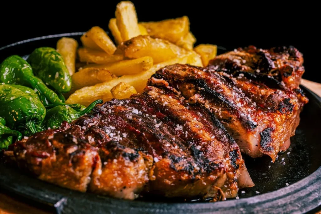 Prato de carne grelhada com batatas fritas e pimentões em frigideira de ferro.