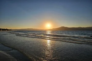 Pôr do sol na Praia da Daniela com reflexo dourado no mar em Florianópolis.