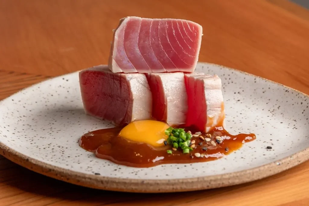 Quatro fatias grossas de atum selado dispostas em um prato, com uma gema de ovo crua e cebolinha no centro de um molho marrom-escuro. Prato de frutos do mar gourmet.