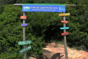 Placa de entrada do Parque Natural Municipal da Lagoinha do Leste indicando o início da trilha em Florianópolis